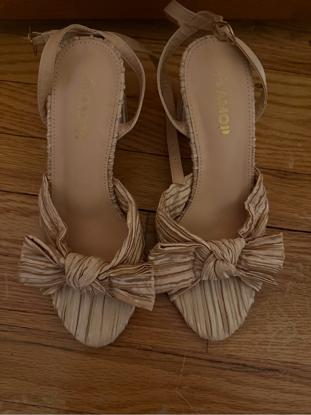 Gold Satin Block Sandal Heels with Bow